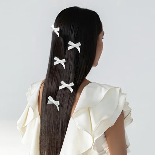 25PCS White Mini Bows Ribbon Clips,2'' Tiny White Bow Barrettes,Hair Bow Satin Hair Ribbon for Women & Girls' Hair Accessories