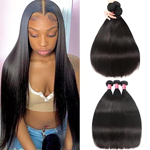 Beauty Forever Hair Brazilian Virgin Straight Hair 3 Bundles 100% Unprocessed Human Hair Weave Extensions Natural Color Can Be Dyed and Bleached (16 18 20)