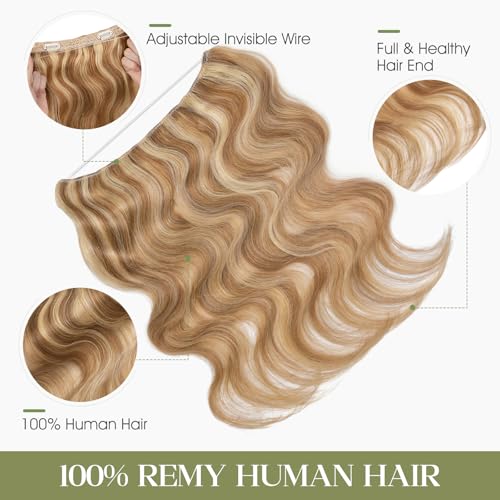 Halo Hair Extensions Real Human Hair Invisible Wire Extensions with Transparent Fish Line Wavy Curly Halo Clip in Human Hairpieces Golden Brown & Bleach Blonde 22 Inch