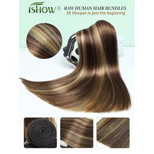 ISHOW Raw Human Hair Bundles, 100% Unprocessed Virgin Human Hair, 15A Straight Premium Quality Bundles Producer, 18 Inch Single Bundle, Long Lasting, Ombre Honey Blonde Color P4/27