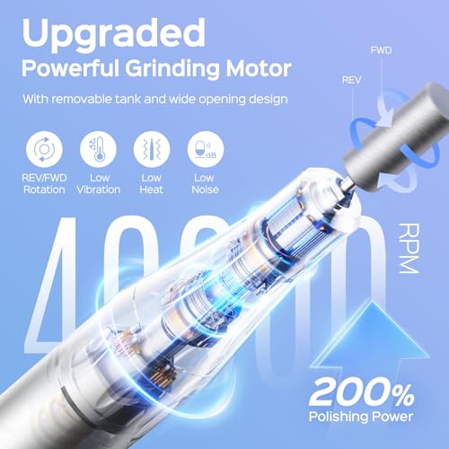 COSLUS Professional Rechargeable Electric Nail Drill 40000 RPM, Portable Nail File with Storage Stand for Acrylic Gel Polishing Removing - Easy to Use for Women, Manicure at Home DIY or Salon, Black
