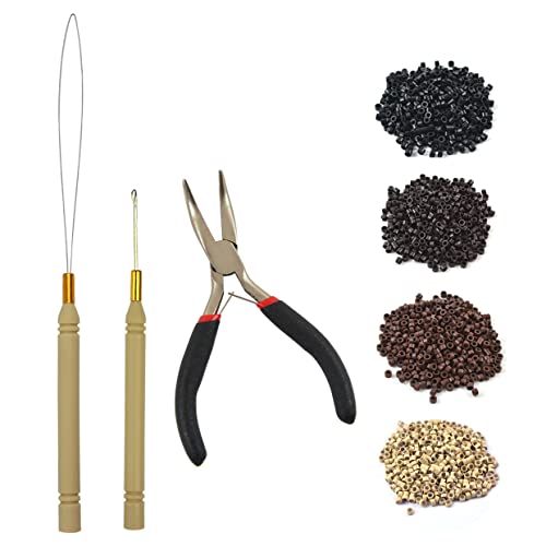 Hair Extensions Tool Kit Black Hair Pliers Pulling Hook Bead Device Tool Kits and 500 Pcs 5 mm Micro Links Rings Beads (Black)