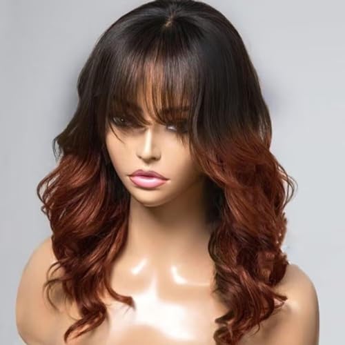 1b30 Ombre Brown Layered Cut Wavy Human Hair Wig With Bangs 13X6 HD Invisible Lace Front Wig Pre Plucked For Women Glueless Wig Brazilian Remy Hair With Baby Hair 150% Density 14 Inches