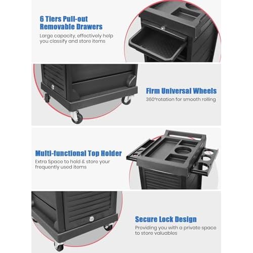 Lorvain Salon Beauty Rolling Trolley Cart, 3FT Hair Storage Cabinet Barber Organizer Tool Multi Drawers Rolling Cart Free Standing Furniture with 4 Universal Wheels Hair Supplies (Black)
