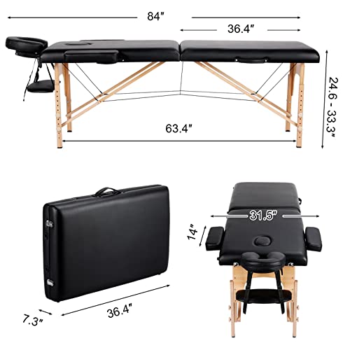 Yaheetech Massage Table Lash Bed Portable Massage Spa Bed Beauty Tattoo Table Adjustable for Eyelash Tech Physical Therapy Couch, Black