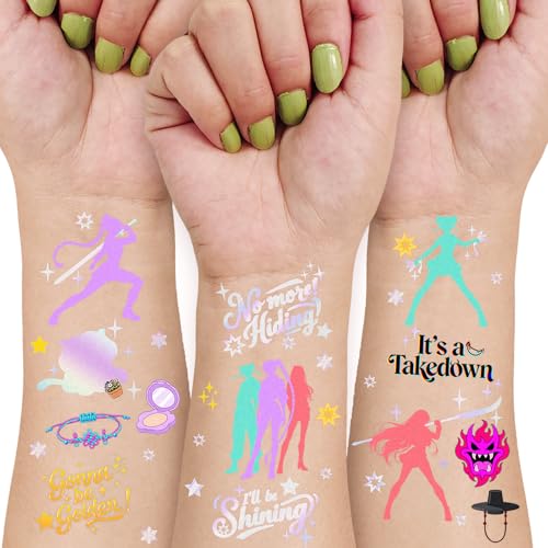 Temporary Tattoos for Cartoon Movie Themed Party Favors Iridescent Foil Styles | Korean Idol Fake Tattoos Stickers Removable, Goodie Bag Stuffers Party Supplies Decoration Gifts 3 Sheets 108 Pcs