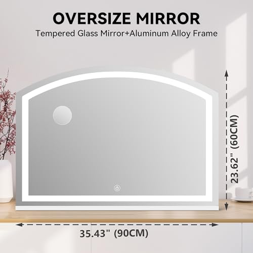 Hasipu Arch Vanity Mirror with Light, 36" x 24" Arched Led Makeup Mirror with 10X Magnification, Tabletop Desk Mirror, Dimmable 3 Colors Mode