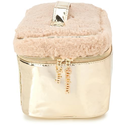 Juicy Couture Gold Makeup Bag Cosmetics Organizer Travel Essentials Train Case Shiny Rhinestones Faux Shearling