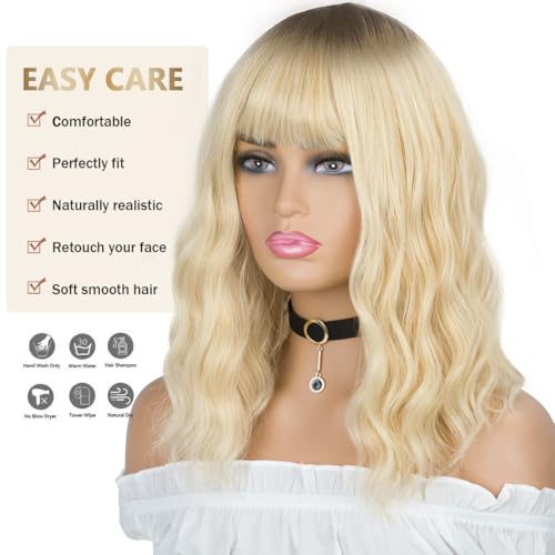 Ombre Blonde Wigs for Women Short Wavy Blonde Wig with Bangs Dark Roots Blonde Wig Medium Length Natural Synthetic Hair for Daily Party&Cosplay