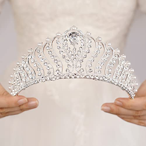 JWICOS Silver Pearl Crown for Women Queen Crown and Tiara for Women Crystal Rhinestone Princess Tiaras Crowns Wedding Hair Accessories for Bride Birthday Party Prom