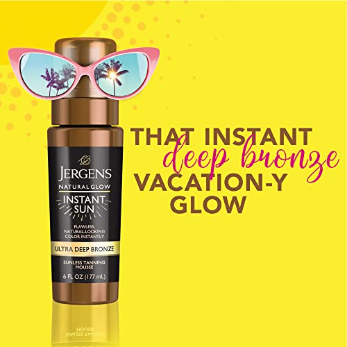 Jergens Natural Glow Instant Sun Body Mousse, Self Tanner for Ultra Deep Bronze Tan, Sunless Tanning Body Bronzer, Natural Looking Fake Tan, 6 Oz