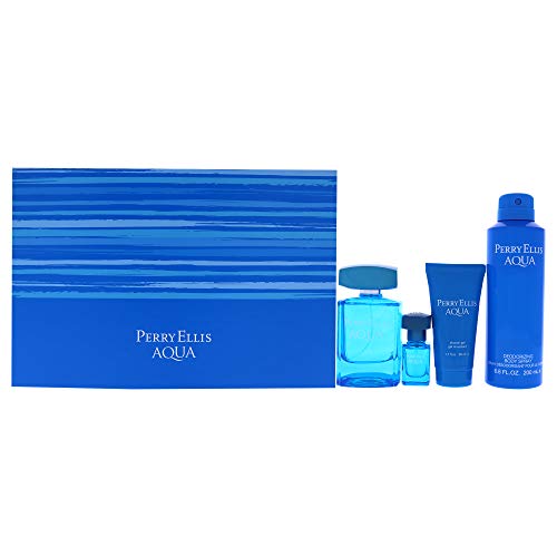 Perry Ellis Perry Ellis Aqua Men 3.4oz EDT Spray, 0.25oz EDT Spray, 6.8oz Deodorizing Body Spray, 1.7oz Shower Gel 4 Pc Gift Set