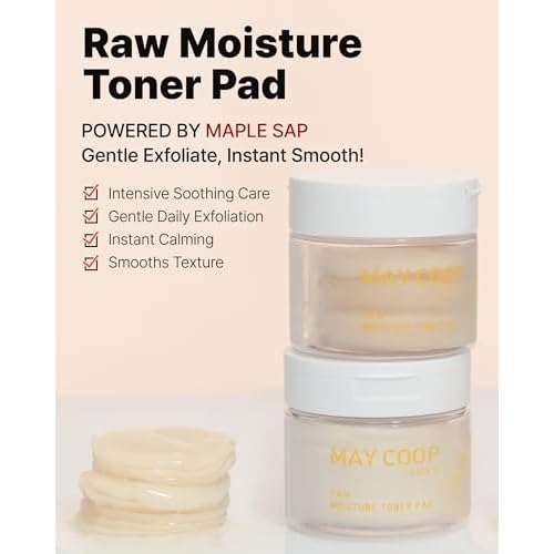 MAY COOP Raw Moisture Korean Toner Pad ? Redness Relief, Hydrating, Exfoliating Cotton Pads with 75% Maple Sap for Skin Balancing & Smoother Texture, 70 Pads