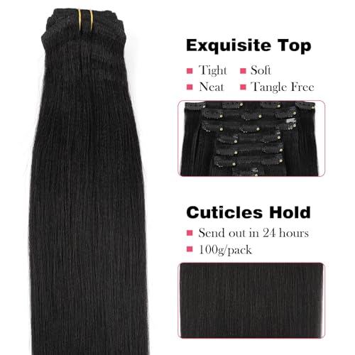 Sassina Italian Light Yaki Human Hair Clip in Extensions Natural Black Yaki Hair Clip ins for Black Women Human Hair 32 Inch Clip ins Human Hair Extensions for Full Head 120 Grams 7 Pcs with 17 Clips