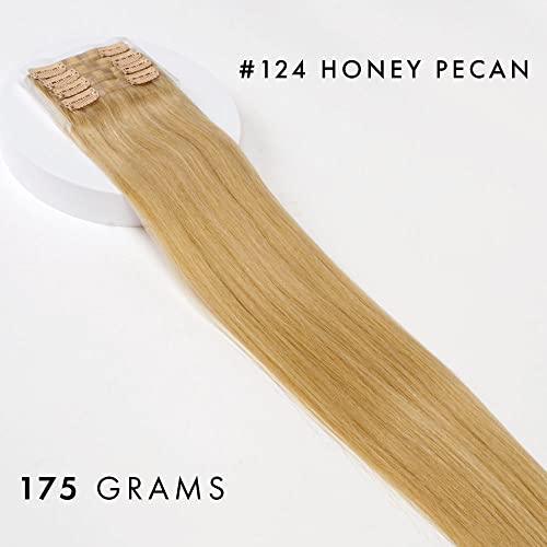 Skinny Weft Clip-In Hair Extensions by Everlong, Thin Silicone Pressed Wefts, Premium Remy Human Silky Straight Hair for Length & Volume, 175 grams #124 Honey Pecan 18"