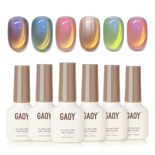 GAOY Glitter Cat Eye Gel Polish Kit with Magnet, 6 Colors Colorful Holographic Nail Polish Set, UV Cure Gel for DIY Manicure at Home