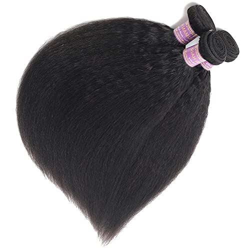 Kinky Straight Human Hair 3Bundles Natural Black Yaki Straigh Brazilian Virgin Remy Hair Grade 10A 100% Unprocessed Kinky Straight Human Hair Extensions (8 10 12 Inch, 3 Bundles)
