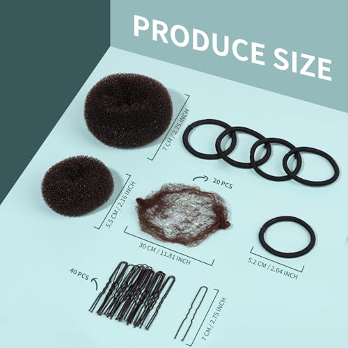 FANDAMEI 6 PCS Hair Bun Makers for Kids, 10 Invisible Bun Nets for Ballet Girls, 3PCS Extra Small 3PCS Small Donut Buns for Hair Kids, Bun Makers Hair Nets for Buns with 5 Elastics 20 Pins (Brown)