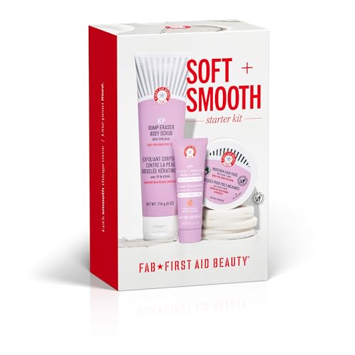 First Aid Beauty Soft + Smooth Starter Body Kit: KP Bump Eraser Body Scrub, 4 oz, Smoothing + Brightening Lotion (Peach), 1oz, & Ingrown Hair Pads, 28 Pads, Exfoliation & Hydrating Skin Care Set, 3ct