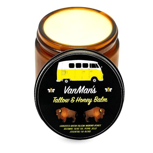 Vanman¡¯s Tallow and Honey Balm - Grass-Fed/Finished Bison Tallow and Essential Oils, Raw Manuka Honey, Organic Royal Jelly, Beeswax, Cold Pressed Olive Oil - Tallow Skin Care for Dry Skin - 2.4 oz