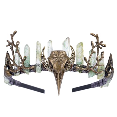 Green Fairy Crystal Crown - Handmade Raw Quartz Tiara with Bronze Crow Branch Moon Elf Headpiece Fantasy Forest Witch Crown Wedding Renaissance Halloween Cosplay Woodland Headband