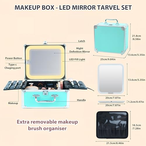 Makeup Organizer Box with Detachable Lighted Mirror, Travel Train Cosmetic Case, Adjustable Divider Storage Bag, Portable Artist Storage Suitcase with Magnetic LED Mirror - Black