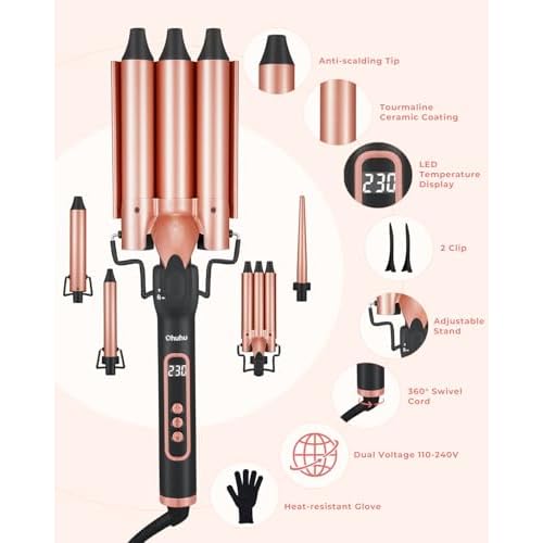 Waver Curling Iron Wand Set: Ohuhu 5 in 1 Curling Iron Set with 2 Size 0.75" 1" 3 Barrel Hair Crimper Beach Waves and 3 Interchangeable Wand 0.35"-1.25" LED Display for Girls Women Mother Gift
