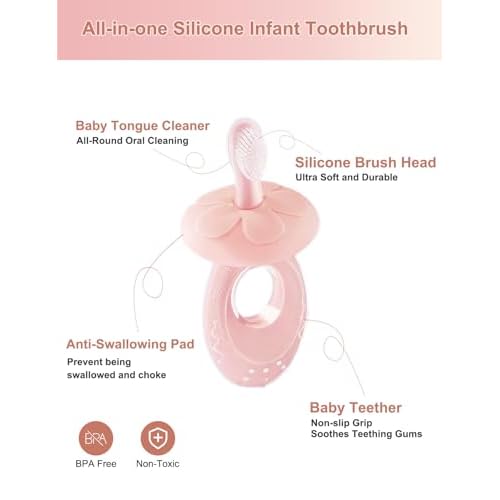 Baby Toothbrush & Teether for Infant and Toddler, Silicone Baby Oral and Tongue Cleaner, Ultra Soft Infant Training Toothbrush with Travel Case, Adjustable Safety Shield - Pink