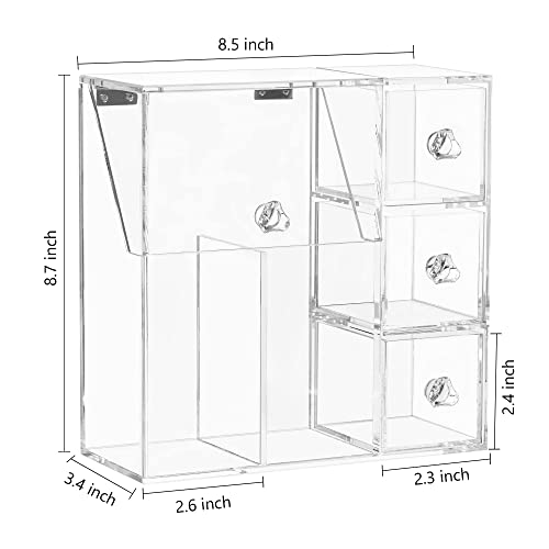 HBlife Makeup Brush Holder, Acrylic Makeup Organizer with 2 Brush Holders and 3 Drawers Dustproof Box, Free Pink Pearl Included
