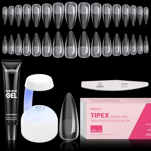 Beetles Tipex Instant Apex Nail Tips Kit, Medium Stiletto, 224 Pcs 16 Sizes Pre-Building Pre-Etched False Nail Tips with Tipex Nail Glue, Mini Nail Lamp