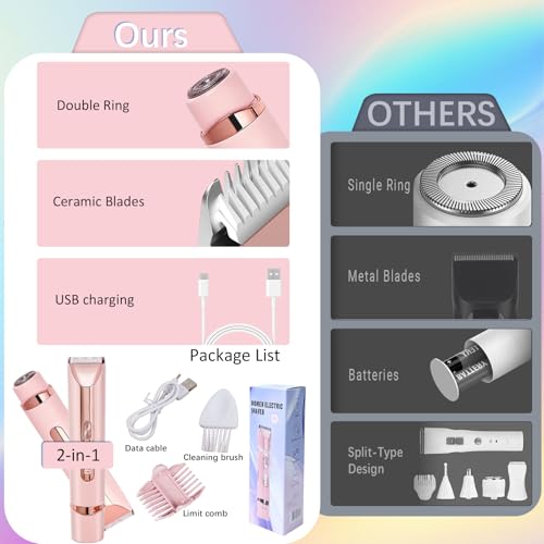 Bikini Trimmer for Women,2-in-1 IPX7 Waterproof Electric Shaver,USB Cordless Painless Electric Razors with LED Display for Legs Bikini Facial Hair Removal, Body Wet&Dry Use Razor Kit for Lady Grooming