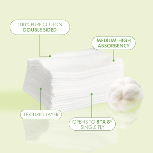 Intrinsics Large Cotton Squares (400 Count) ? 4x4¡± 8-Ply Medium-High Absorbency Pads, Lint-Free Hypoallergenic Cotton for Face, Makeup Removal, Skincare, and Spa Use