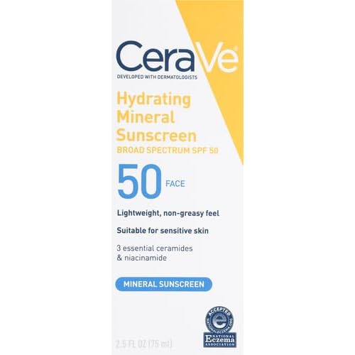 CeraVe 100% Mineral Sunscreen SPF 50, Face sunscreen With Zinc Oxide & Titanium Dioxide, Hyaluronic Acid + Niacinamide + Ceramides, Oil Free, Travel Size 2.5 oz