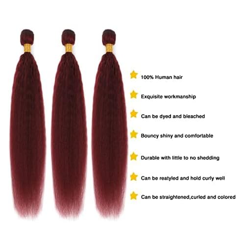99j Brazilian Yaki Straight Human Hair 4 Bundles Yaki Human Hair Bundles 100% Virgin Kinky Straight Virgin Hair Extensions Women Girl Black Red (20 22 24)