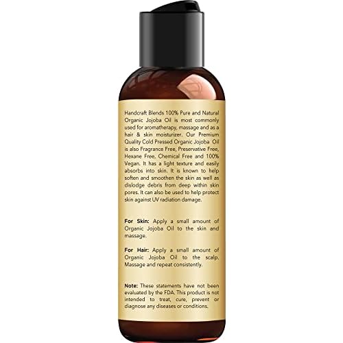Handcraft Blends USDA Organic Jojoba Oil - Cold-Pressed 4 Fl Oz - 100% Pure and Natural - Premium Grade Carrier Oil for Skin and Hair - Hair and Body - Massage - Hexane-Free