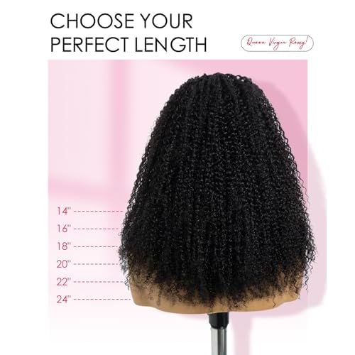 QUEEN VIRGIN REMY QVR Lace V-Part Wig Human Hair Kinky Curly No Leave Out V Shape Full Head Clip In Half Wig with Drawstring Natural Black Curly U Part Human Hair Wig for Black Women 18 Inch
