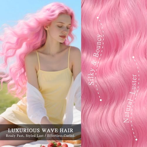 Long Wavy Pink Wig for Women 28 Inch Middle Parted Dream Pink Curly Wig Natural Looking Heat Resistant Fiber Synthetic Wig for Daily Party Halloween Cosplay Use