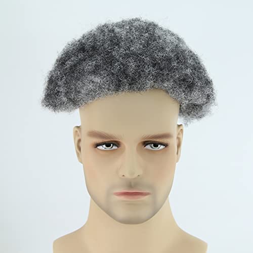 ZigZag Hair Afro Toupee for Black Men 1B Mix 50% Grey Fluffy Explosion Tight Afro Curly Mens Toupee Human Hair Short Hair Mono with PU Men's Wig 8x10inch Mens Hair Systems Hairpiece (1B Mix 50% Grey)