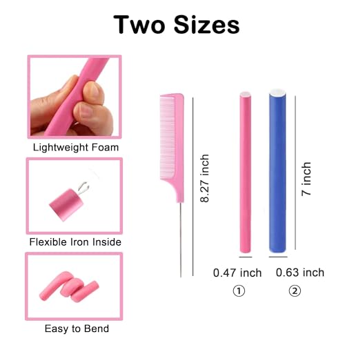 36Pcs Flexible Hair Rollers and Curlers Set - 7" 0.63" & 0.47" Bendable Soft Foam Rods for Heatless Curling Short & Long Hair