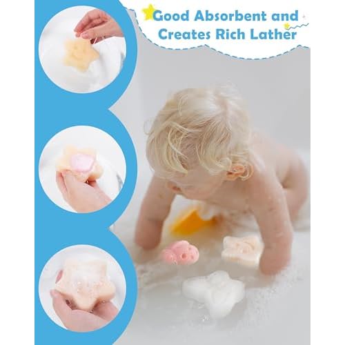 MoHern Konjac Baby Sponge for Bathing, 3Pcs Natural Cute Shapes, Kids Bath sponges for Infants, Toddler Bath time, Plant-Based, Extra Soft