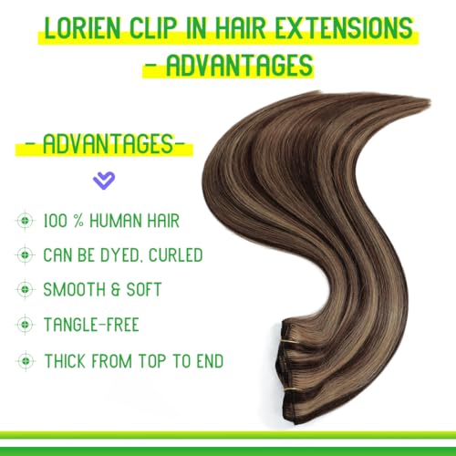 LORIEN Clip in Hair Extensions Real Human Hair, 24 Inch 120g, 2/6 Dark Brown to Chestnut Brown, Clip in 100% Brazilian Remy Human Hair Extensions 8pcs Per Set with 18 Clips Double Weft