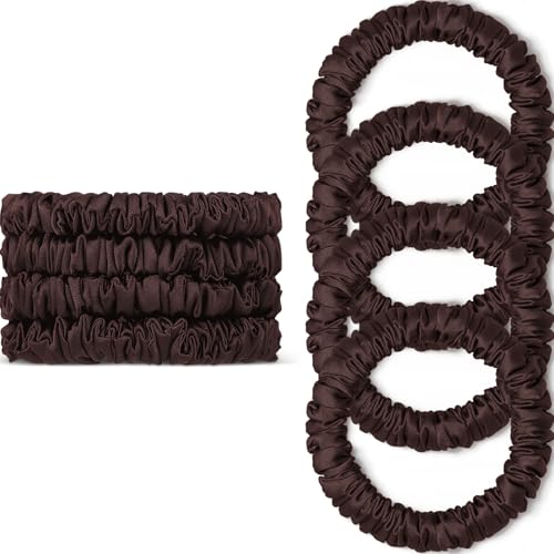 Scrunchies Hair Ties Silk Satin Scrunchy, WantGor Women 4PC Pure Mulberry Silk Skinny Elastic Scrunchies Hair Bands Bracelets Ponytail Holders Hair Accessories (Brown*4)