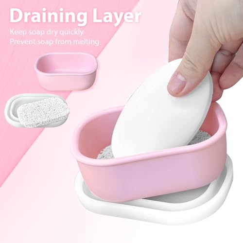 Leakproof Silicone Travel Soap Case with Drainage Layer, Silicone Bar Soap Holder Compact Portable Shatterproof Soap Container Box for Bathroom Gym Camp Travel Toiletries (Pink, Clear Lid)