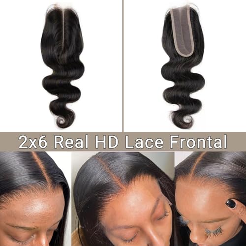2x6 HD Lace Closure Body Wave Human Hair ? 12 Inch Ultra-Thin 0.10mm Melt Swiss Lace Closure, Pre-Plucked with Tiny Knots, Virgin Hair with Natural Hairline