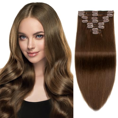 Clip in Hair Extensions Human Hair 100% Brazilian Virgin Human Hair 7pcs Per Set with 16Clips Double Weft (16 Inch, #4 Chotolate Brown)