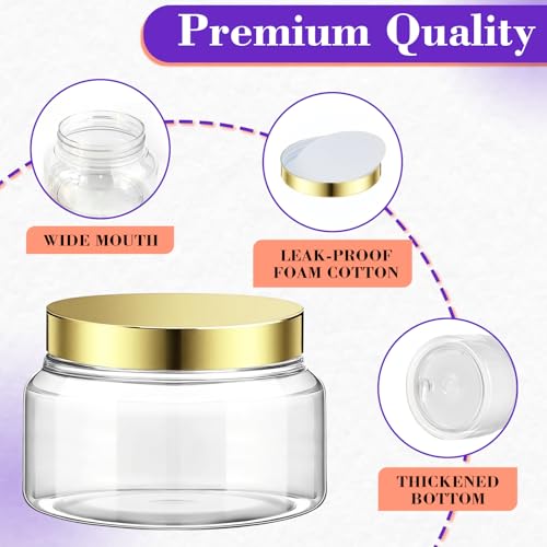 36 Pack 8 oz Plastic Cosmetic Containers With Lids Refillable Clear Empty Travle Jars Containers for Body Butter,Sugar Scrubs,Cream,Lotions,Candy, Waterproof Label&Spatulas - (Gold)