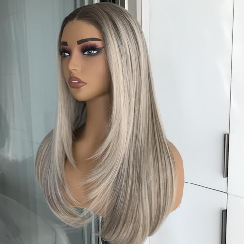 Pre Cut No Glue Lace Wig Ash Blonde Wear and Go Glueless Synthetic Lace Front Wig for Women with Bangs Layered Straight Wigs Pre Plucked Highlight Dirty Blonde Wig 3 Seconds to Wear 20Inch
