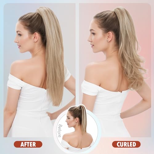 Hairro Claw Clip Ponytail Human Hair Extensions Jaw On Ponytails Remy Long Straight Jaw/Claw Clips Pony Tail Hairpieces For Women 20 Inch 120g #4P27 Medium Brown Mix Dark Blonde