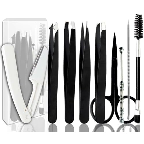 Tweezers Kit Tweezer for Women Facial Hair Removal Tweezers Professional Tweezers Set Eyebrow Tweezer, [9+1 PCS] Professional Stainless Steel Eyebrow for Women &Men,Black Beauty Sets