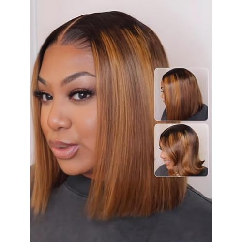Nadula 13X4 HD Honey Brown Piano Highlight Bob Straight Drawstring Wig Human Hair - Pre Everything Glueless Ombre Bob Lace Front Wig with Ear Tape - Ready to Go Short Blunt Bob Wig 12inch